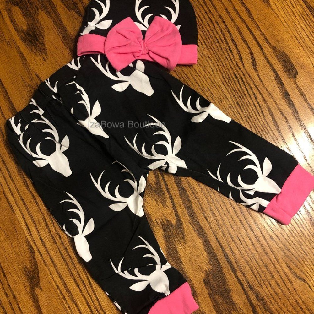 Pink and Black with Deer Print 3 pc Set w/ "Hello World" 6056 NWT Boutique - Picture 3 of 3